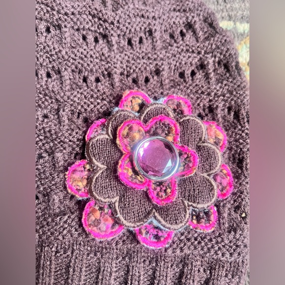 Vtg Y2K Brown Berry Nubby Hat & Glove set w/pink rhinestone flower by Amanda Blu - Picture 6 of 7